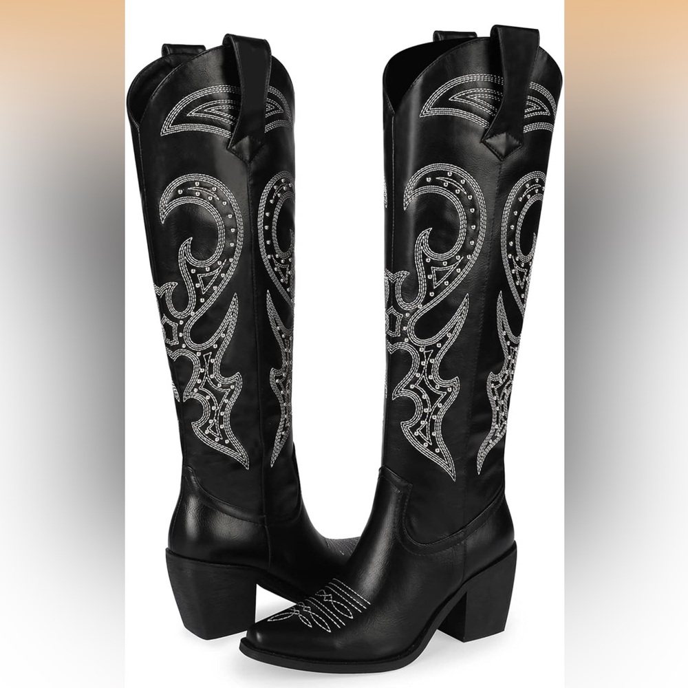 Embellished Black Knee-High Boots